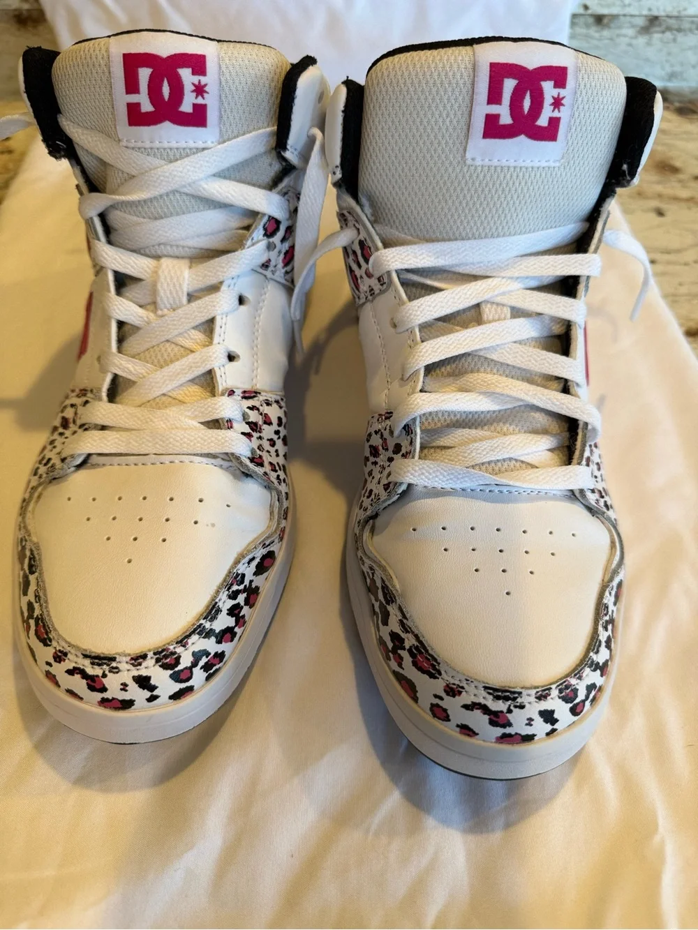 DC Cure Hi White High-Top Sneakers with Pink Leopard Accents